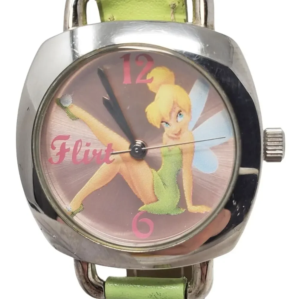 Disney Tinker Bell Silver Watch Green Band Women's Accessory